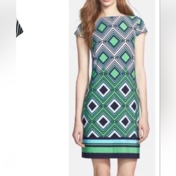 Jessica Howard Geometric Cap Sleeved Sheath Green Navy Size Medium - Picture 1 of 12